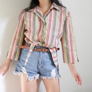 Green striped long sleeve button down tie top